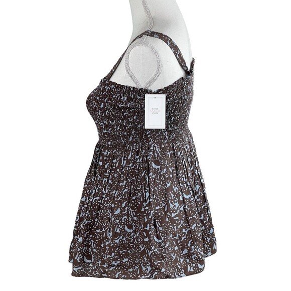 Rungolee Tahiti Floral Smocked Silk Top Blue Coffee Sleeveless Boho op NEW Sz S - Picture 5 of 16